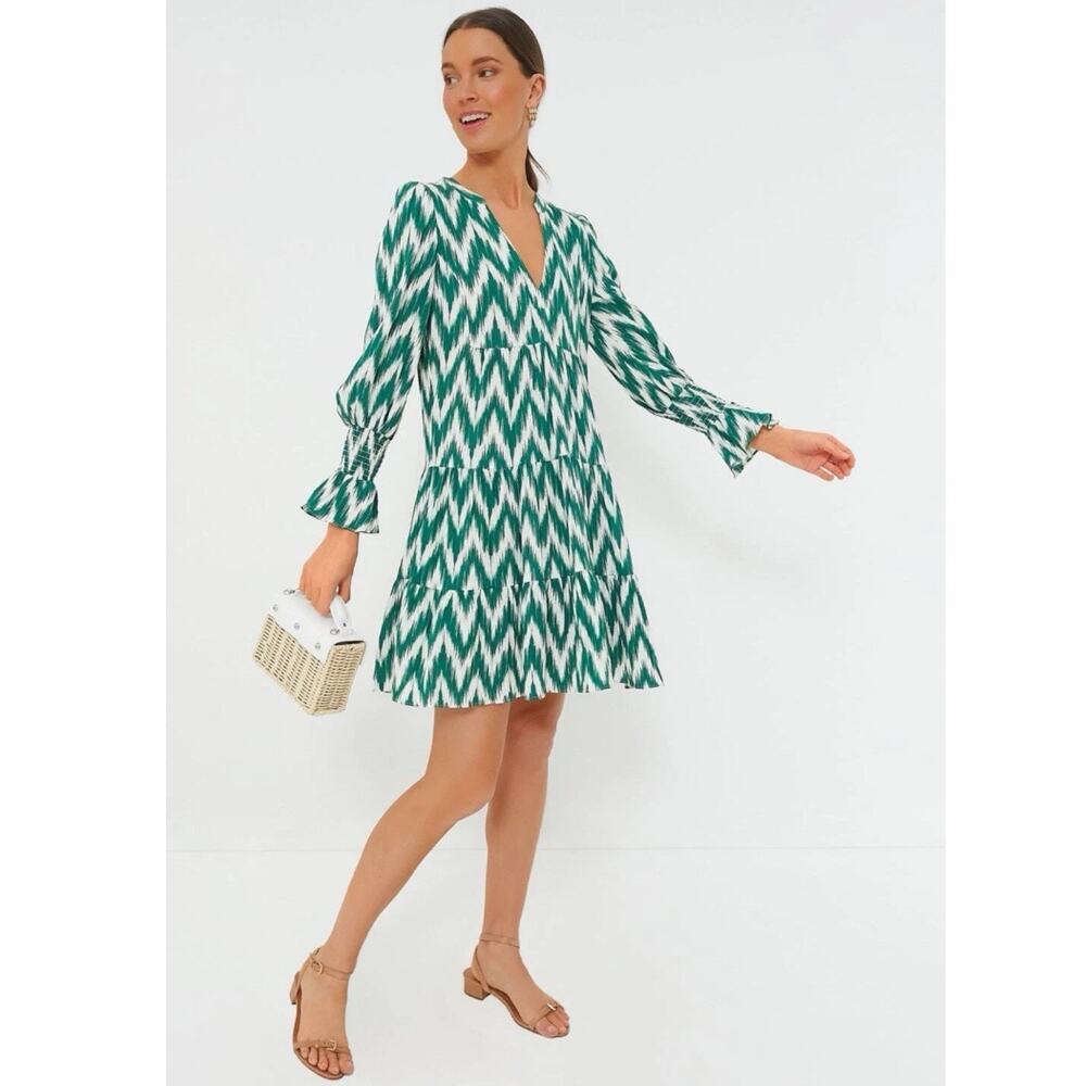 Pomander Place by Tuckernuck Kenzo Tiered mini Dress Green Ikat Ruffle Size XS